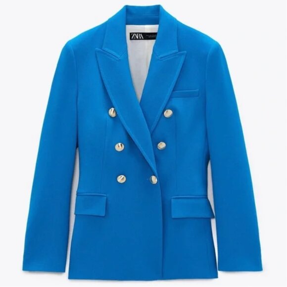 Zara Jackets & Blazers - Zara Blue Double-Breasted Gold-Button Blazer Professional Old Money Size XL